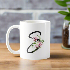 Elegant Black Calligraphy Brev ’S’ Blommigt Kaffemugg