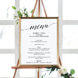 Elegant Black Calligraphy Bröllop Menu Sign Poster<br><div class="desc">Det här enkla svarta kalligrafitecknet bröllop är perfekt för ett enkelt bröllop. Neutraltens utformning har en minimalistisk poster som är dekorerad med romantisk och visuell typografi. Anpassa tecknet med menyalternativen namn,  bröllop,  datum och plats.</div>
