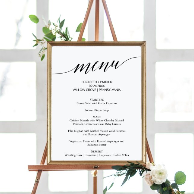 Elegant Black Calligraphy Bröllop Menu Sign Poster (Skapare uppladdad)