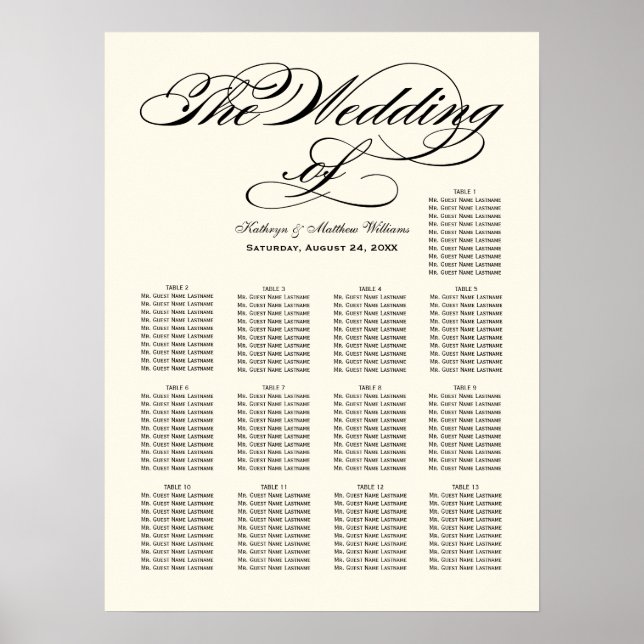 Elegant Black Calligraphy Bröllop Seating Chart Poster (Framsidan)