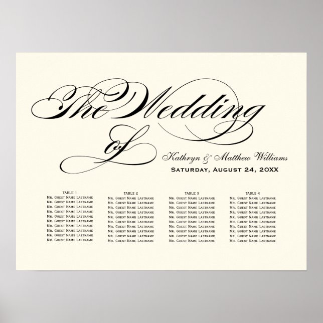 Elegant Black Calligraphy Bröllop Seating Chart Poster (Framsidan)