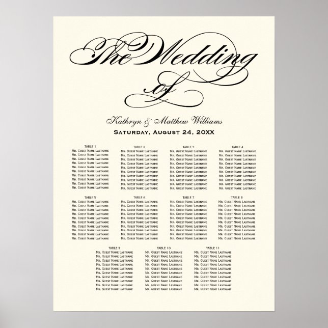 Elegant Black Calligraphy Bröllop Seating Chart Poster (Framsidan)