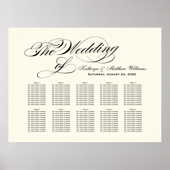Elegant Black Calligraphy Bröllop Seating Chart Poster (Framsidan)