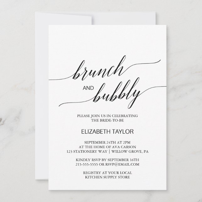 Elegant Black Calligraphy Brunch och Bubly Inbjudningar (Framsida)