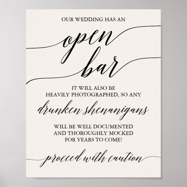 Elegant Black Calligraphy Cream Caution Open Pub Poster (Framsidan)