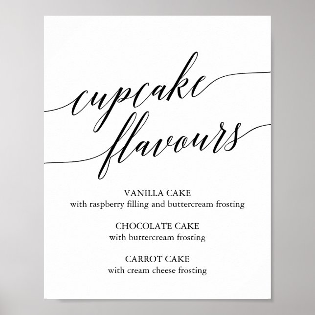 Elegant Black Calligraphy Cuptårta Flavors Sign Poster (Framsidan)