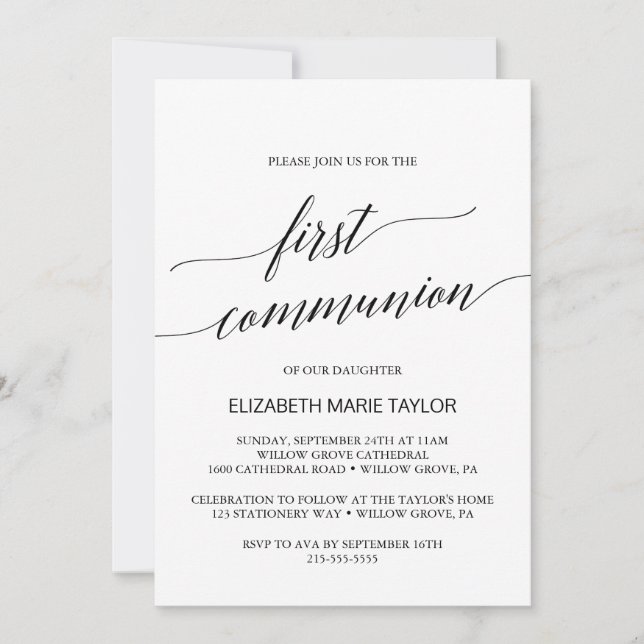 Elegant Black Calligraphy First Communion Inbjudningar (Framsida)