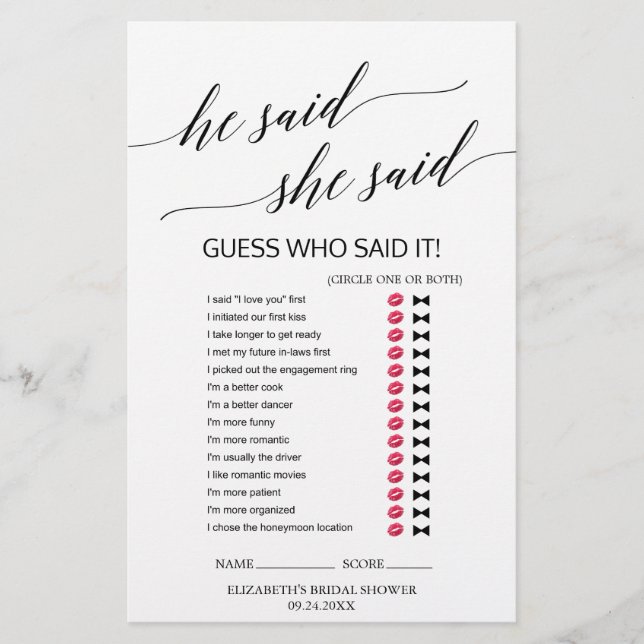 Elegant Black Calligraphy "Han sa att hon sa "spel (Framsida)