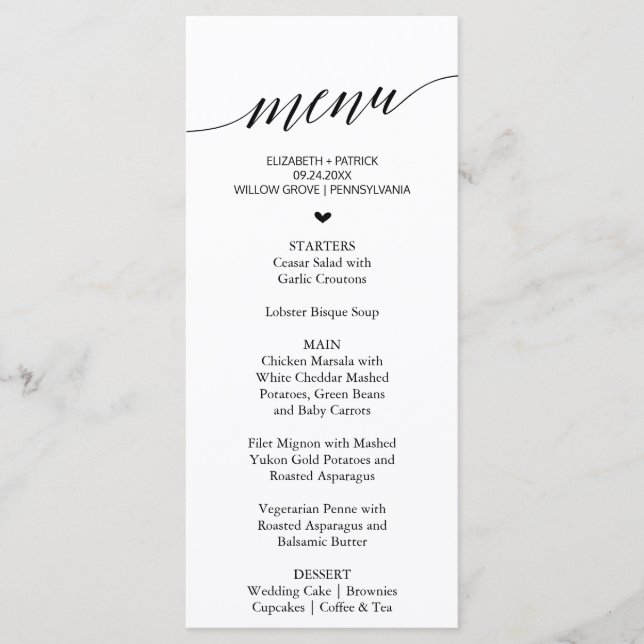 Elegant Black Calligraphy Heart Dinner MenCard Meny (Framsida)