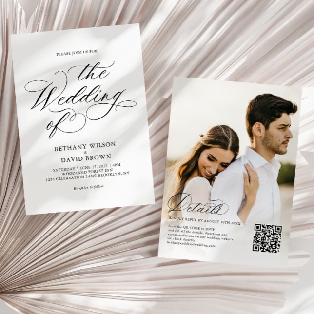 Elegant Black Calligraphy Photo QR Code Bröllop Inbjudningar (Skapare uppladdad)