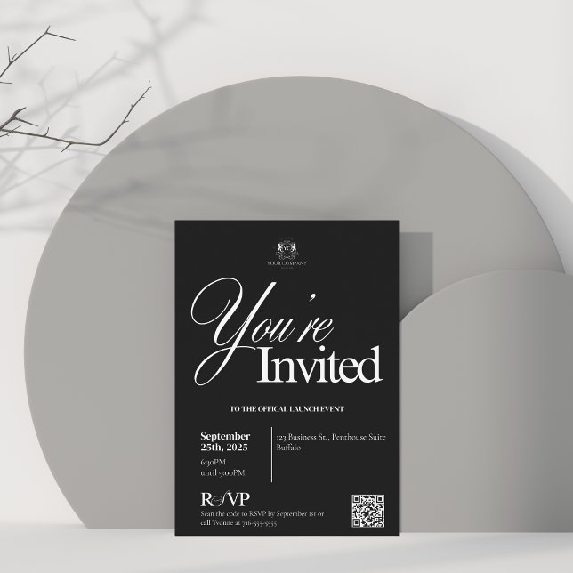 Elegant Black Calligraphy QR Business Open Inbjudningar (Skapare uppladdad)