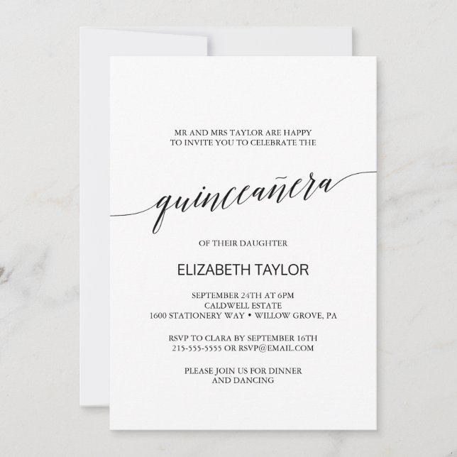 Elegant Black Calligraphy Quinceañera Inbjudningar (Framsida)
