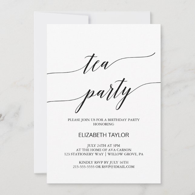 Elegant Black Calligraphy Tea Party Birthday Inbjudningar (Framsida)