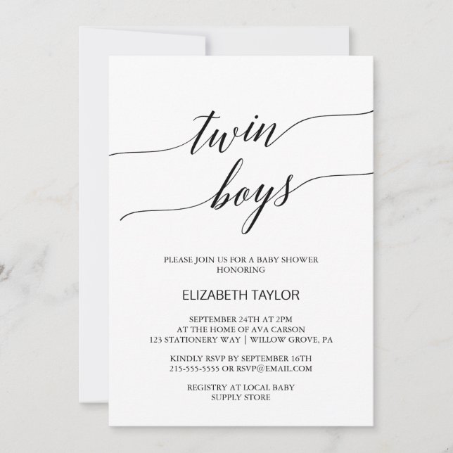 Elegant Black Calligraphy Twin Boys Baby Shower Inbjudningar (Framsida)