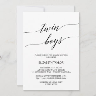 Elegant Black Calligraphy Twin Boys Baby Shower Inbjudningar