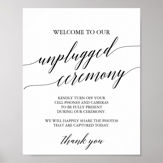 Elegant Black Calligraphy Unplugged Ceremony Sign Poster (Framsidan)