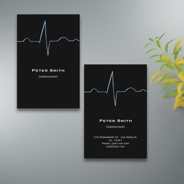 Elegant Black Cardiolog Visitkort (Elegant illustrated cardiologist business card)
