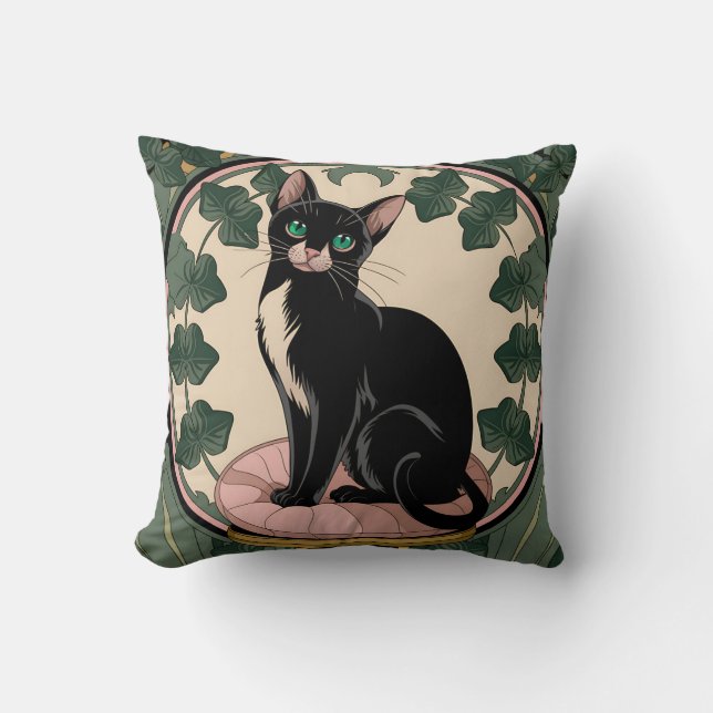 Elegant Black Cat Art nouveau Kudde (Framsida)