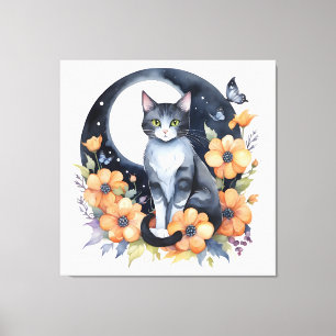 Elegant Black Cat Blommigt Måne Art Cat Lover Canvastryck