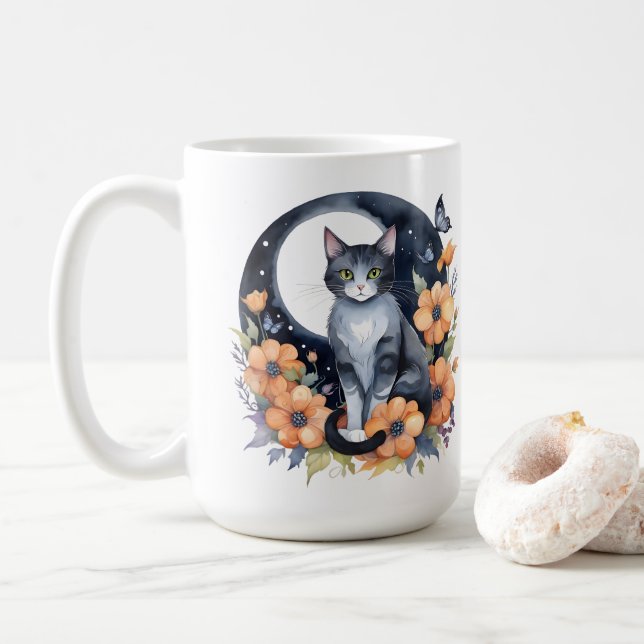 Elegant Black Cat Blommigt Måne Art Cat Lover Kaffemugg (Med munk)