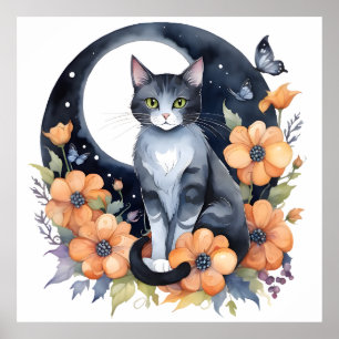 Elegant Black Cat Blommigt Måne Art Cat Lover Poster