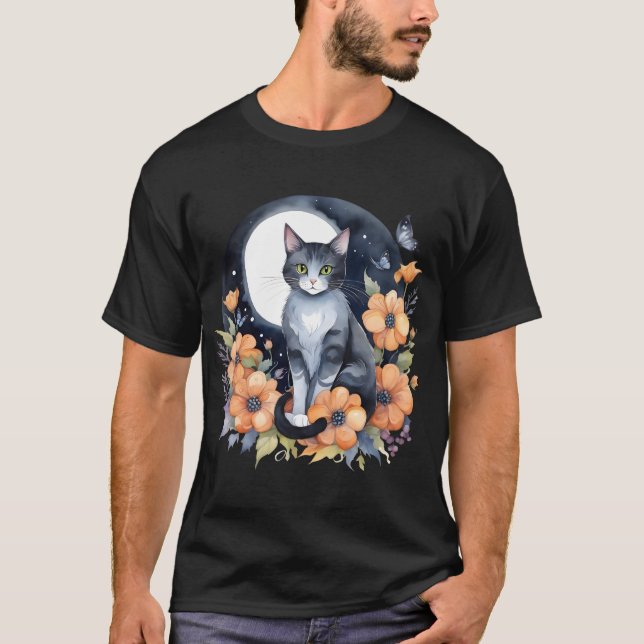 Elegant Black Cat Blommigt Måne Art Cat Lover T Shirt (Framsida)