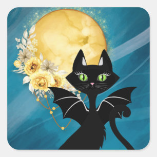 Elegant Black Cat Fladdermus Katt Halloween St Fyrkantigt Klistermärke