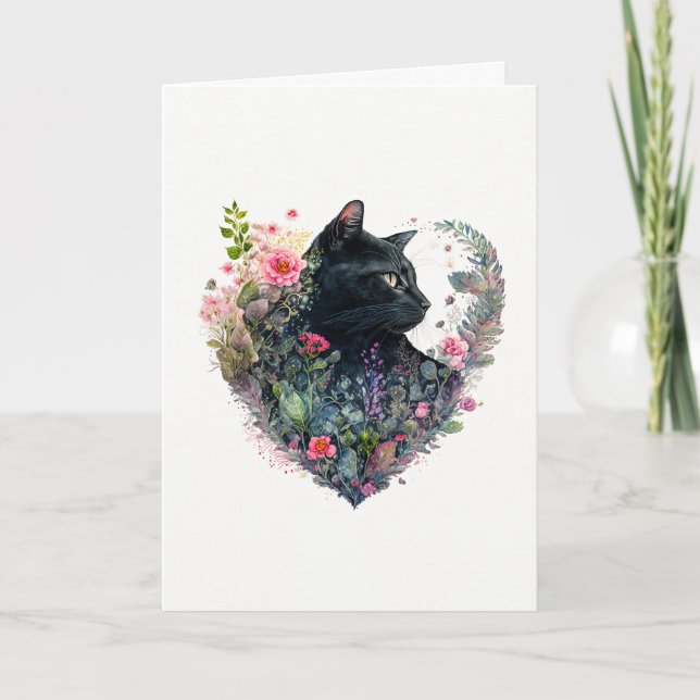 Elegant Black Cat i Mixed Flowers Valentine Day Helgkort (Framsida)