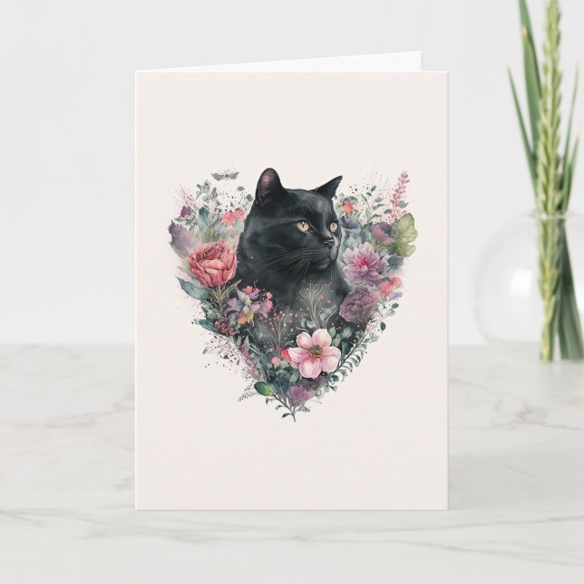 Elegant Black Cat med blommor Alla hjärtans dag Ho Helgkort (Framsida)