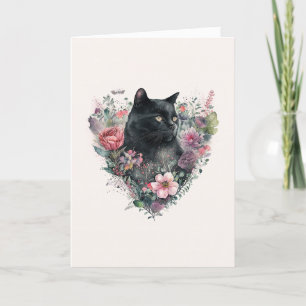 Elegant Black Cat med blommor Alla hjärtans dag Ho Helgkort
