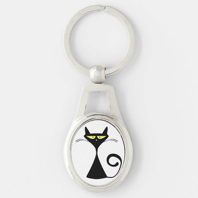 Elegant Black Cat Minimalist Art Ovalt Silverfärgad Nyckelring (Framsidan)