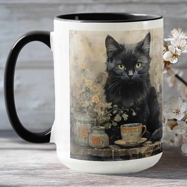 Elegant Black Cat Mugg (Shabby Chic Black Cat Mug)