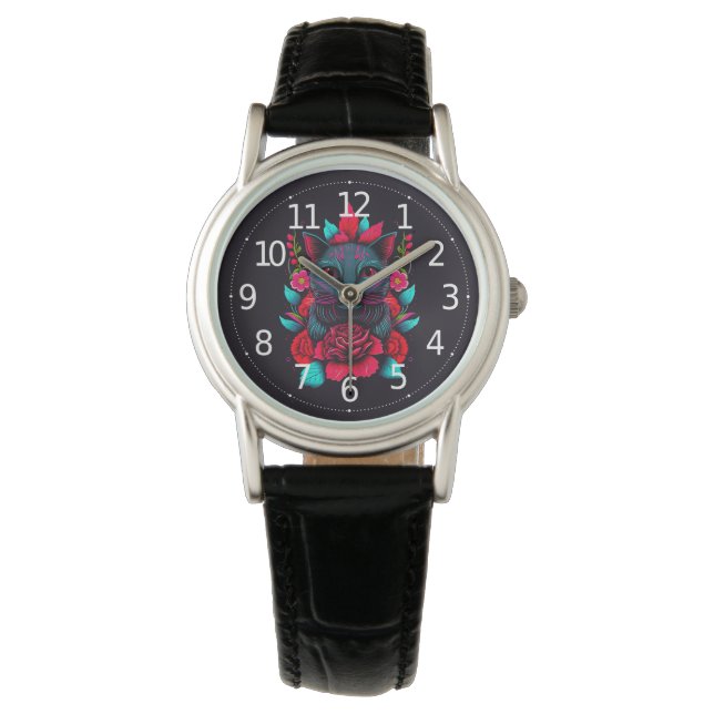 Elegant Black Cat, omgiven av Röd ros | Armbandsur (Framsida)