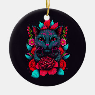Elegant Black Cat, omgiven av Röd ros Julgransprydnad Keramik