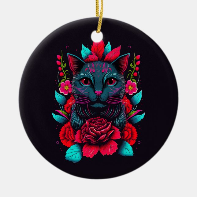Elegant Black Cat, omgiven av Röd ros | Julgransprydnad Keramik (Framsidan)