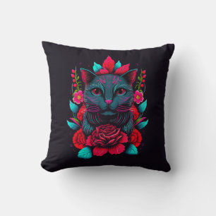 Elegant Black Cat, omgiven av Röd ros   Kudde