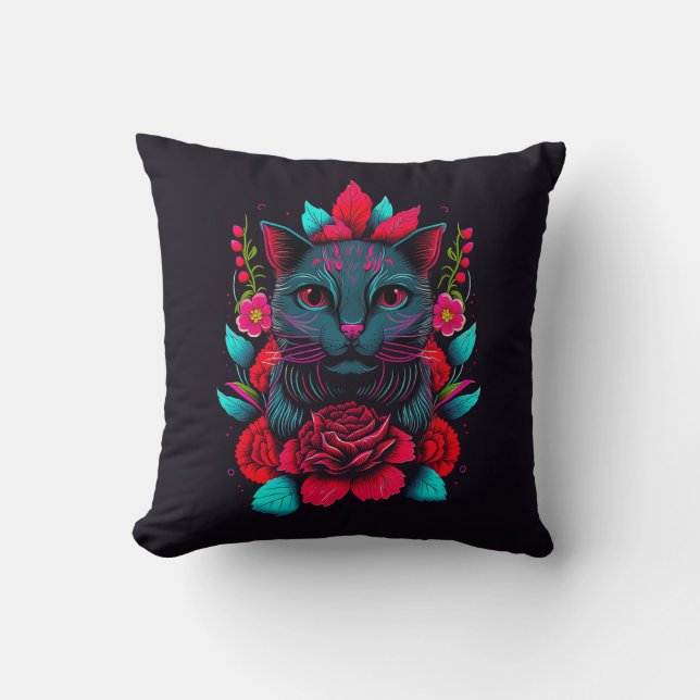 Elegant Black Cat, omgiven av Röd ros | Kudde (Framsida)