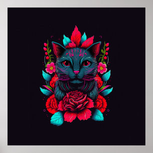 Elegant Black Cat, omgiven av Röd ros POSTER