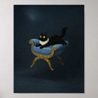 Elegant Black Cat on Blue Chaise Lounge - Ghibli Poster