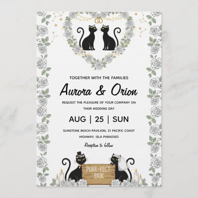 Elegant black cat wedding invitation inbjudningar (Framsida)