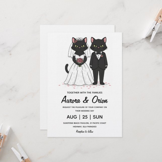 Elegant black cat wedding invitation inbjudningar (Fram/Back In Situ)
