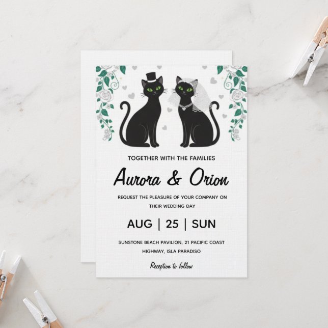 Elegant black cat wedding invitation inbjudningar (Fram/Back In Situ)