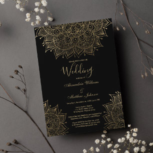 Elegant Black chic guld blommigt mandala Bröllop Inbjudningar