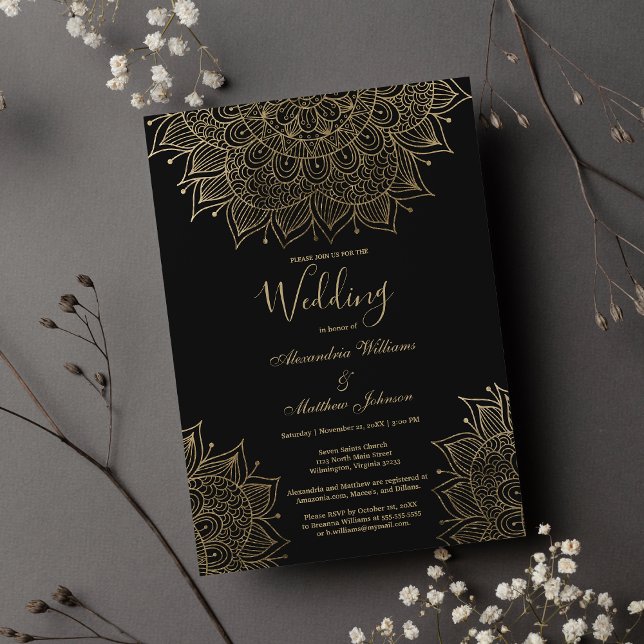 Elegant Black chic guld blommigt mandala Bröllop Inbjudningar (Elegant black chic gold floral mandala Wedding )