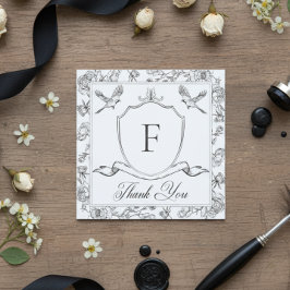 Elegant Black Chinoiserie Bird & Vapensköld Bröllo Tack Kort