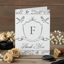 Elegant Black Chinoiserie Bird & Vapensköld Bröllo Tack Kort