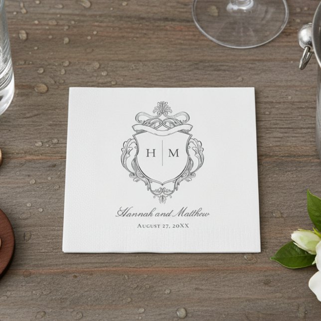 Elegant Black Chinoiserie Bird Vapensköld Bröllop Pappersservett (Skapare uppladdad)