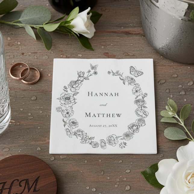 Elegant Black Chinoiserie Bird Vapensköld Bröllop Pappersservett (Skapare uppladdad)