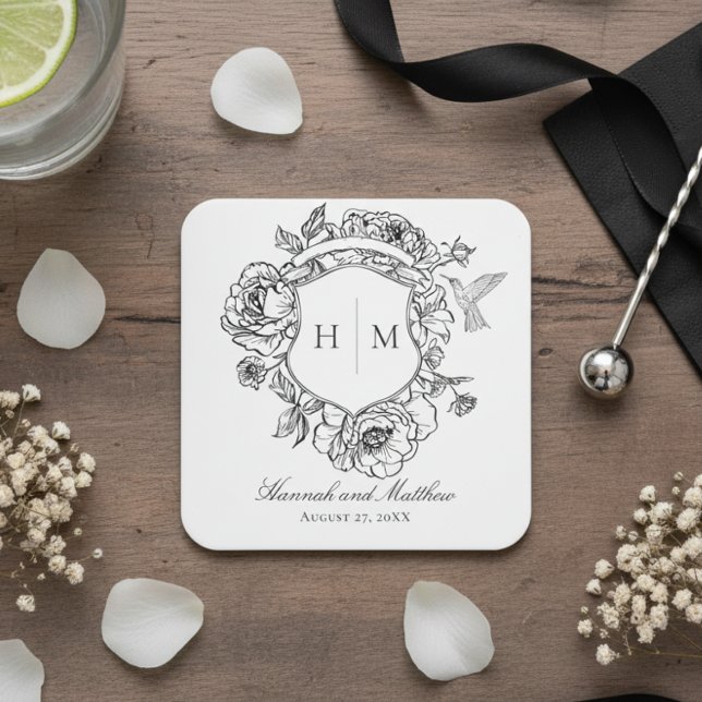 Elegant Black Chinoiserie Bird Vapensköld Bröllop Underlägg Papper Kvadrat (Skapare uppladdad)