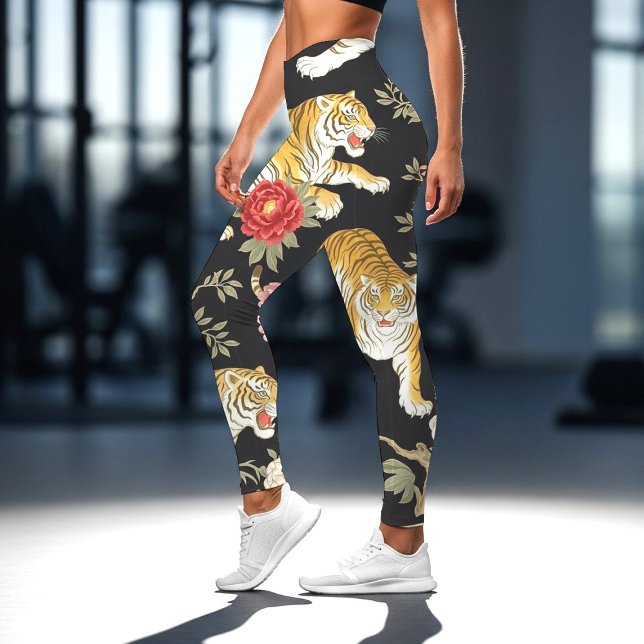 Elegant Black Chinoiserie Tiger and Peony Pattern Leggings (Skapare uppladdad)